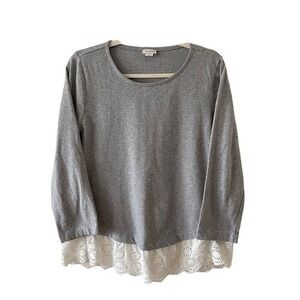 B2 J by J Crew Gray Long Sleeve Top Eyelet Lace‎ Trim Cotton Women's M